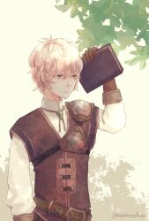  1boy aoironoshiso armor artist_name book brown_gloves chest_guard closed_mouth commentary_request fire_emblem fire_emblem_echoes:_shadows_of_valentia gloves holding holding_book kliff_(fire_emblem) looking_to_the_side male_focus pauldrons purple_vest shirt shoulder_armor single_pauldron twitter_username upper_body vest white_shirt 