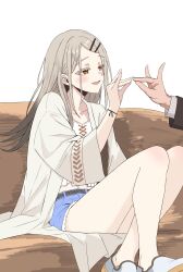  1boy 1girl 3walktoriatama absurdres blonde_hair blush camisole coat commentary_request denim denim_shorts flat_chest fox_shadow_puppet gakuen_idolmaster highres idolmaster long_hair looking_to_the_side open_clothes open_coat open_mouth orange_eyes producer_(idolmaster) shinosawa_hiro shorts sitting smile solo_focus 