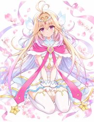  1girl between_legs blonde_hair breasts capelet cherry_blossoms commentary_request cure_arcana_(star_kiraring_from) dress falling_flower falling_petals flower gradient_hair gradient_ribbon hand_between_own_legs highres light_smile long_hair meitantei_precure! moria_luluka multicolored_hair petals pink_capelet pink_eyes pink_hair pink_ribbon precure purple_ribbon ribbon seiza sitting small_breasts solo thigh-highs very_long_hair white_dress white_thighhighs yamamoto_kazue 