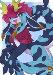  absurdres antlers blue_background blue_skin colored_skin commentary_request dragon dragon_girl droopy_ears eastern_dragon furry gold_collar gold_ornament highres horns jacket light_blue_skin looking_at_viewer mochiri_(mochiri_work) open_clothes open_jacket open_mouth pink_hair red_jacket signature smile solo spots spotted_skin watermark white_underbelly yellow_eyes yellow_horns 