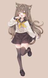  1girl :d ;d animal_ear_fluff animal_ears black_shoes blush brown_background brown_eyes brown_hair brown_sailor_collar brown_skirt brown_thighhighs cat_ears cat_girl cat_tail commentary_request full_body hair_ornament hairclip hand_up highres hoshi_(snacherubi) knees_together_feet_apart loafers long_hair long_sleeves neckerchief one_eye_closed original paw_pose pleated_skirt puffy_long_sleeves puffy_sleeves sailor_collar school_uniform serafuku shirt shoes simple_background skirt smile solo standing standing_on_one_leg tail thigh-highs very_long_hair white_shirt yellow_neckerchief 