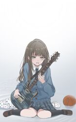  2girls ball bang_dream! bang_dream!_our_notes basketball_(object) black_socks blue_cardigan brown_hair cardigan crying crying_with_eyes_open dice electric_guitar green_eyes grey_skirt guitar highres holding holding_weapon instrument iroha_(nami3) kotohira_nagi long_hair minase_school_uniform multiple_girls plaid_clothes plaid_skirt pleated_skirt school_uniform sitting skirt socks tears wariza weapon 