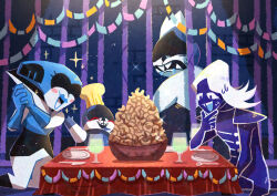  1girl 3boys absurdres blue_skin blue_tongue blush chef_hat colored_skin colored_tongue commentary_request cup deltarune drinking_glass fake_facial_hair fake_mustache father_and_child father_and_son fork hat highres humanoid_robot interlocked_fingers king_(deltarune) knife lancer_(deltarune) long_hair multiple_boys open_mouth own_hands_clasped own_hands_together parent_and_child plate queen_(deltarune) robot rouxls_kaard sharp_teeth sitting smile table teeth tongue tongue_out upper_teeth_only utdr_(toby_fox) watawata22 white_hair wine_glass 