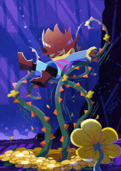  1boy 1other absurdres androgynous blue_shorts blue_sweater boots brown_boots brown_hair closed_eyes colored_skin commentary_request flower flowey_(undertale) frisk_(undertale) highres long_sleeves plant short_hair shorts sweater thorns undertale utdr_(toby_fox) vines watawata22 yellow_skin 