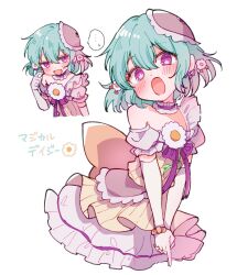  1girl aqua_hair blush commentary double_finger_gun dress elbow_gloves finger_gun flower flower-shaped_pupils frilled_dress frills gloves hair_flower hair_ornament highres lolita_fashion magical_daisy magical_girl mahou_shoujo_ikusei_keikaku mahou_shoujo_ikusei_keikaku_restart open_mouth short_hair symbol-shaped_pupils thi_fure translation_request untranslatable_commentary violet_eyes white_background white_flower white_gloves 