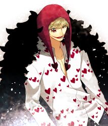  1boy black_cape blonde_hair cape cigarette clip_studio_paint_(medium) commentary_request curry_gohan donquixote_rocinante feather_cape heart heart_print hood makeup male_focus one_piece simple_background smile solo swept_bangs 