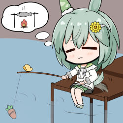  1girl :3 =_= afterimage animal animal_ears apricotlemontea blush campfire chibi closed_eyes closed_mouth commentary_request fire fish fishing fishing_line fishing_rod flower green_hair green_shorts grey_shoes hair_between_eyes hair_flower hair_ornament hairclip holding holding_fishing_rod horse_ears horse_girl horse_tail pier seiun_sky_(reeling_in_the_big_one)_(umamusume) seiun_sky_(umamusume) shirt shoes shorts sitting solo tail tail_wagging umamusume water white_shirt x_x yellow_flower 