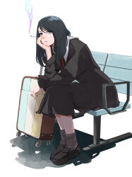  1girl absurdres black_dress black_eyes black_hair black_shoes black_socks cigarette closed_mouth commentary dress full_body hand_on_own_cheek hand_on_own_face highres holding holding_cigarette ila_(nnnnnnnn8) leaning_forward loafers long_hair long_sleeves on_bench original shadow shoes sitting smoke smoke_trail smoking socks solo suitcase swept_bangs white_background 