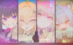  5girls ahoge animal_ears blonde_hair blue_eyes blue_hair blunt_bangs cogane_rang flower gangzi_(vtuber) grey_hair hair_between_eyes hair_flower hair_ornament hanayo_hiyori highres mole mole_under_each_eye mole_under_eye multicolored_hair multiple_girls multiple_moles pink_eyes purple_hair seongda shizuki_toa stellive symbol-shaped_pupils tiger_ears tiger_girl tokino_mary violet_eyes x-shaped_pupils yellow_eyes 