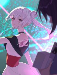  2girls a-line_dress audience bare_shoulders black_hair blue_eyes blush cho_kaguya-hime! commentary_request concert crowd crying crying_with_eyes_open dress hair_bun highres holding instrument keytar long_hair looking_at_another looking_back multicolored_dress multicolored_hair multiple_girls runami_yachiyo runami_yachiyo_(ex-otogibanashi) sakayori_iroha sakayori_iroha_(ex-otogibanashi) side_ponytail single_side_bun smile stage stage_lights tears tyatyakomachi white_dress white_hair 