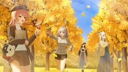  4girls aa-12_(girls'_frontline) absurdres ak-alfa_(girls'_frontline) autumn autumn_leaves black_hair black_skirt blue_skirt breasts brown_shorts fukujin girls'_frontline_2:_exilium girls_frontline grey_hair group_picture highres large_breasts leaf long_hair mp7_(girls'_frontline) multiple_girls pink_hair qbz-191_(girls'_frontline) shirt short_hair shorts skirt white_shirt 