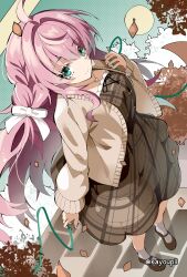  1girl absurdres ahoge aqua_eyes autumn_leaves bow braid brown_cardigan brown_dress brown_shoes cardigan closed_mouth commentary_request dress from_above from_side green_ribbon hair_bow heart heart_necklace highres holding holding_ribbon jewelry kayoupii leaf long_hair momozono_meru muv-luv muv-luv_girls_garden necklace official_alternate_hairstyle open_cardigan open_clothes plaid_clothes plaid_dress ribbon shoes socks solo twitter_username white_bow white_socks 