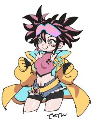  1girl belt bike_shorts bike_shorts_under_shorts black_hair coat commentary_request crop_top cropped_legs denim denim_shorts gloves highres jubilee_(marvel) loose_belt marvel marvel_tokon:_fighting_souls micro_shorts multicolored_hair opaque_sunglasses open_fly pink-tinted_eyewear pink_streaks shorts sleeveless smile solo streaked_hair tetsu_(teppei) thighs tinted_eyewear x-men yellow_coat yellow_gloves 