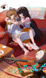  2girls absurdres arms_around_neck bare_shoulders barefoot black_hair blue_eyes blush bonnet brown_hair chinese_commentary closed_eyes closed_mouth columbina_(genshin_impact) columbina_(the_final_gift)_(genshin_impact) commentary_request couch cup dress emoji eye_mask fagio_(genshin_impact) frilled_nightgown full_body genshin_impact hair_ornament head_wings highres holding holding_cup instrument knee_up long_hair mask multicolored_hair multiple_girls musical_note musical_staff nightgown official_alternate_costume on_couch playing_instrument playing_violin purple_hair purple_streaks red_carpet sandrone_(genshin_impact) sandrone_(the_final_gift)_(genshin_impact) sitting sleepwear socks spoken_emoji streaked_hair table tkek8742 very_long_hair white_bonnet white_dress white_nightgown white_socks wing_hair_ornament wings yokozuwari yuri 
