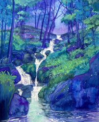  blue_theme boulder commentary english_commentary forest gouache_(medium) grass highres kate_avery nature no_humans original outdoors painting_(medium) river scenery traditional_media tree water waterfall 