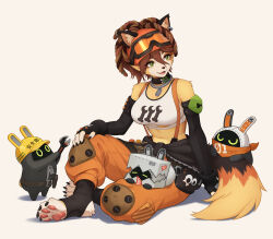  1girl absurdres animal_nose bangboo_(zenless_zone_zero) breasts cargo_pants chinese_commentary commentary_request detached_sleeves dog_tags dreadlocks eous_(zenless_zone_zero) feet furry furry_female goggles goggles_on_head green_eyes hair_between_eyes highres indian_style medium_breasts open_mouth pants pawpads pointy_ears simple_background sitting stirrup_legwear tank_top toeless_legwear white_background xmfranz zenless_zone_zero zeppelin_(zenless_zone_zero) 