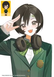  1girl absurdres black_hair bow bowtie character_name collared_shirt commentary copyright_name diagonal-striped_bow diagonal-striped_bowtie diagonal-striped_clothes final_fantasy final_fantasy_vii green_bow green_bowtie green_headband green_jacket grey_eyes hair_between_eyes headband headphones headphones_around_neck highres jacket looking_at_viewer open_mouth portrait reference_inset salute school_uniform shirt short_hair smile solo striped_bow striped_bowtie striped_clothes teeth twitter_username two-finger_salute upper_teeth_only v white_background white_shirt wintercoming42 yuffie_kisaragi 