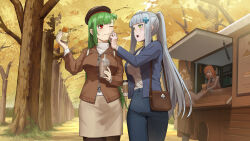  4girls :o ;( absurdres alternate_costume apron autumn belka_(girls'_frontline_2) beret black_hat blazer blue_jacket blue_pants blush breasts brown_hair brown_jacket brown_skirt casual commentary_request crepe day facepaint food frown g28_(girls'_frontline) girls'_frontline_2:_exilium girls_frontline green_eyes green_hair hair_ornament hairclip hand_on_another's_cheek hand_on_another's_face hands_up hat highres hk416_(girls'_frontline) holding holding_crepe holding_food jacket klukai_(girls'_frontline_2) large_breasts long_hair looking_at_another medium_breasts miniskirt multiple_girls one_eye_closed orange_hair outdoors pants pantyhose ponytail red_eyes shigatsu_itsuka shirt skirt springfield_(cafe)_(girls'_frontline) springfield_(girls'_frontline) teardrop very_long_hair white_hair white_shirt wiping_another's_face 