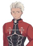  1boy abs archer_(fate) armor black_armor closed_mouth covered_abs dark-skinned_male dark_skin fate/stay_night fate_(series) grey_eyes hand_on_hip harusima highres looking_to_the_side male_focus muscular muscular_male red_armor short_hair solo white_background white_hair 