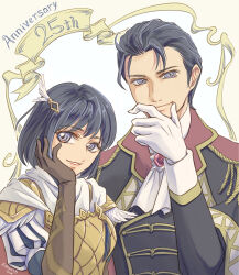  1boy 1girl brown_gloves cape closed_mouth commentary_request fire_emblem fire_emblem:_thracia_776 fire_emblem_heroes gloves hand_on_own_cheek hand_on_own_face highres olwen_(fire_emblem) olwen_(resplendent)_(fire_emblem) reinhardt_(fire_emblem) reinhardt_(thrud_reborn)_(fire_emblem) smile upper_body ursla99 white_cape white_gloves 