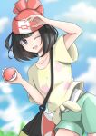  1girl ;d absurdres beanie black_hair clouds commentary_request day floral_print green_shorts hat highres holding holding_poke_ball mochitaro_(mothitaroo) one_eye_closed open_mouth outdoors poke_ball poke_ball_(basic) pokemon pokemon_(game) pokemon_sm red_headwear selene_(pokemon) shirt short_shorts short_sleeves shorts sky smile solo t-shirt tied_shirt tongue 