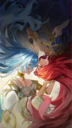  2girls 37_(reverse:1999) absurdres ancient_greek_clothes armlet blue_hair bracelet closed_eyes commentary english_commentary gem gold_choker gold_necklace gradient_background greco-roman_clothes hair_spread_out hand_on_another's_head highres jewelry long_hair multiple_girls necklace red_hair rev1999_s2 reverse:1999 robe single_bare_shoulder sophia_(reverse:1999) tassel very_long_hair white_robe 