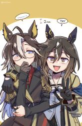  ... 2girls :d animal_ears black_coat black_gloves blonde_streaks blue_eyes brown_eyes brown_hair coat collared_shirt colored_inner_animal_ears commentary_request dream_journey_(reminder_of_dreamland)_(umamusume) dream_journey_(umamusume) ear_covers gloves goggles goggles_around_neck hair_between_eyes height_difference highres horse_ears horse_girl jewelry juliet_sleeves korean_commentary long_hair long_sleeves looking_at_viewer mazu1kan multicolored_hair multiple_girls open_mouth puffy_sleeves red_shirt ring shirt smile spoken_ellipsis stay_gold_(umamusume) streaked_hair two-tone_background umamusume upper_body v white_background white_shirt white_streaks yellow_background yellow_coat 