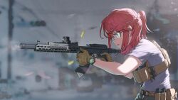  1girl absurdres aiming ammunition_pouch assault_rifle bandana bandana_around_neck belt belt_pouch blue_eyes braid brown_gloves bulletproof_vest casing_ejection commentary english_commentary firing from_side gloves grey_pants grey_shirt gun highres holding holding_gun holding_weapon load-bearing_vest magazine_(weapon) medium_hair muzzle_device open_mouth optical_sight original pants pilot_webber ponytail pouch red_bandana red_hair rifle shell_casing shirt short_sleeves sidelocks smoke solo t-shirt tactical_gloves upper_body vz._58 watch watch weapon 