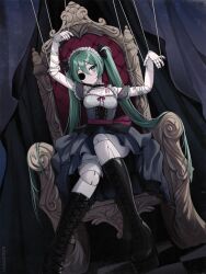  aqua_eyes aqua_hair bandaged_leg bandages black_boots black_bow boots bow checkered_floor choker commentary cracked_face cracked_skin curtains doll_joints dress frilled_choker frilled_dress frilled_hairband frills grey_dress hairband hatsune_miku high_heel_boots high_heels highres joints knee_boots lace-up_boots long_hair marionette missing_eye number_tattoo pink_sash puppet puppet_strings sash string tattoo throne twintails very_long_hair vickie_(cryingrobot) vocaloid 
