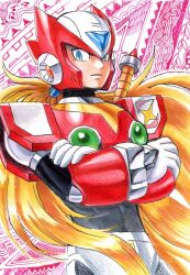  1boy android armor blonde_hair blue_eyes closed_mouth commentary_request crossed_arms forehead_jewel gloves helmet hijiriiyaa krita_(medium) long_hair looking_at_viewer low_ponytail male_focus mega_man_(series) mega_man_x_(series) ponytail red_armor red_helmet solo traditional_media upper_body very_long_hair white_gloves zero_(mega_man) 