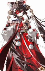  1girl absurdres animal_ear_fluff animal_ears brown_hair character_request closed_mouth copyright_request dress eyelashes flower fur_trim hair_flower hair_ornament hakogiiii highres holding jewelry long_hair mole mole_under_mouth one_eye_covered red_dress red_eyes solo tassel 