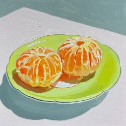  colorful commentary drop_shadow english_commentary food fruit highres leah_gardner no_humans oil_painting_(medium) on_table orange_(fruit) orange_slice original painting_(medium) plate still_life table traditional_media 