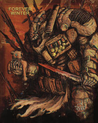  1boy ammunition_pouch animal armor armored_collar artist_name baby_animal bag bayonet blood blood_on_weapon buchi_holes cable dithering entrenched_below exoskeleton facing_viewer glitch hexagram highres holding holding_animal horror_(theme) lamb left-handed logo loincloth magazine_(weapon) medal ogramech pauldrons pixelated pouch rebar satchel scabbard science_fiction sheath sheep shoulder_armor signature star_of_david the_forever_winter weapon 