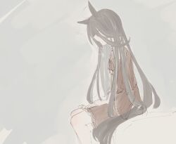  1girl ahoge animal_ears black_hair commentary_request dress frilled_sleeves frills grey_background hair_between_eyes highres horse_ears horse_girl horse_tail hydr051 long_bangs long_hair long_hair_between_eyes long_sleeves manhattan_cafe_(umamusume) multicolored_hair one_ear_down red_dress sitting solo squeans tail umamusume very_long_hair white_hair 