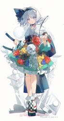  1girl absurdres black_choker black_hairband black_sandals black_sash blue_eyes chinese_commentary choker commentary_request flower flower_request frilled_skirt frills full_body green_skirt grey_hair hairband highres hitodama holding holding_sword holding_weapon japanese_clothes katana kimono konpaku_youmu konpaku_youmu_(ghost) long_sleeves looking_at_viewer obi obijime red_flower sandals sash shang_bu simple_background skeleton skirt socks solo stone_lantern sword touhou weapon white_background white_kimono white_socks wide_sleeves 