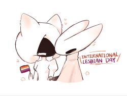  17hornet77987 2girls arthropod_girl black_eyes black_skin bodysuit cat_girl cloak colored_skin english_text flag hat highres holding holding_flag holding_hands hollow_eyes hollow_knight hollow_knight:_silksong horned_mask hornet_(hollow_knight) horns international_lesbian_day kemonomimi_mode lace_(hollow_knight) lesbian_flag mask multiple_girls red_cloak white_bodysuit white_eyes white_hat yuri 