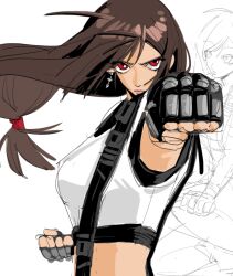  1girl black_bra black_gloves bra breasts brown_hair clenched_hands closed_mouth commentary crop_top earrings english_commentary final_fantasy final_fantasy_vii final_fantasy_vii_remake fingerless_gloves floating_hair furrowed_brow gloves hair_tie jewelry long_hair looking_at_viewer low-tied_long_hair medium_breasts midriff punching red_eyes shirt sketch sleeveless sleeveless_shirt solo sports_bra suspenders tifa_lockhart underwear upper_body watspringnat white_background white_shirt 