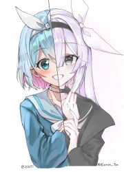  2girls :d arona_(blue_archive) artist_collaboration black_choker black_hairband black_sailor_collar black_shirt blue_archive blue_eyes blue_hair blue_shirt blunt_bangs blush bow chinese_commentary choker colored_inner_hair commentary_request cropped_torso eyelashes grey_eyes grey_hair grin hair_between_eyes hair_bow hairband hands_up happy highres long_hair long_sleeves look-alike looking_at_viewer multicolored_hair multiple_girls pink_hair plana_(blue_archive) puffy_long_sleeves puffy_sleeves red_pupils sailor_collar school_uniform serafuku shirt short_hair simple_background smile tareme tsurime twitter_username two-tone_hair upper_body white_background white_bow white_choker white_hairband white_sailor_collar xlemon_tea zhuti483486 