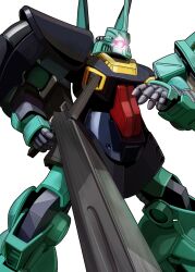  aeug bazooka_(gundam) cable commentary_request dijeh glowing glowing_eye gun gundam highres machine_gun masalu_kai mecha mecha_focus mobile_suit no_humans one-eyed_mecha robot science_fiction shield weapon white_background zeta_gundam 