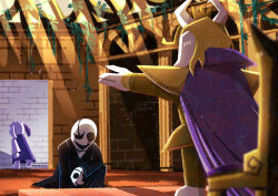  1girl 2boys absurdres animal_ears armor asgore_dreemurr barefoot blonde_hair cape commentary_request crown furry furry_female furry_male highres horns indoors long_sleeves multiple_boys open_mouth plant purple_cape short_hair smile toriel undertale utdr_(toby_fox) vines w.d._gaster watawata22 