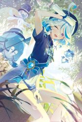  1girl alternate_costume arm_up blue_eyes blue_gloves blue_hair blue_shirt blue_shorts commentary dutch_angle furina_(genshin_impact) genshin_impact gentilhomme_usher gloves half_gloves hat high-waist_shorts highres jelmul mademoiselle_crabaletta one_eye_closed outdoors rolled-up_paper scout_movement scout_uniform shirt short_hair shorts sitting solo surintendante_chevalmarin top_hat wavy_hair white_gloves 