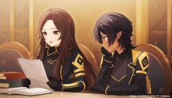  2girls black_bodysuit black_hair blue_eyes bodysuit brown_eyes brown_hair commentary_request copyright_name copyright_notice crossed_bangs dark_elf elf gardens_report gloves hair_between_eyes heterochromia kage_no_jitsuryokusha_ni_naritakute! kage_no_jitsuryokusha_ni_naritakute!_master_of_garden long_hair multiple_girls nu_(kagejitsu) official_art omega_(kagejitsu) pointy_ears second-party_source yellow_eyes yuzuha_wasa 