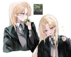  1girl apple apron blonde_hair boco_(bocoboco0) collared_shirt commentary diagonal-striped_clothes diagonal-striped_necktie earrings eating food fruit genderswap genderswap_(mtf) green_apron grey_eyes grey_sweater harry_potter_(series) harry_potter_and_the_prisoner_of_azkaban hogwarts_school_uniform holding holding_food holding_fruit hoop_earrings jewelry long_hair long_sleeves malfoid multiple_views necktie open_clothes open_robe photo-referenced reference_inset robe school_uniform shirt simple_background solo striped_clothes striped_necktie sweater tom_felton white_shirt wide_sleeves wizarding_world 
