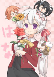  >_< +++ 4girls :d ^_^ absurdres ahoge animal_ear_headwear ayachi_nene black_hair black_skirt blush blush_stickers bow bowtie breasts brown_hair cape casual cherry_blossoms chibi chibi_inset chinese_commentary closed_eyes closed_mouth collared_shirt commentary_request cowboy_shot flower full_body green_sweater hair_between_eyes hair_bow hair_flower hair_ornament hairclip hand_up happy hat hat_bow high-waist_skirt highres holding holding_flower inaba_meguru jacket large_breasts long_hair long_sleeves looking_at_another looking_at_viewer low_twintails miniskirt multiple_girls official_alternate_costume official_alternate_hairstyle open_clothes open_jacket open_mouth orange_hair parallel_hairclips partial_commentary pink_background pink_flower pink_skirt pleated_skirt procreate_(medium) red_bow red_bowtie red_flower red_jacket red_rose rose sanoba_witch shiiba_tsumugi shiiba_tsumugi_(witch) shirt side_ponytail simple_background skirt smile solo_focus straight_hair striped_clothes striped_sweater sunflower sunflower_hair_ornament sweater togakushi_touko translated tulip twintails two_side_up user_zwnt4872 v-shaped_eyebrows very_long_hair violet_eyes white_bow white_cape white_flower white_hair white_shirt white_tulip xd yellow_bow yellow_bowtie 