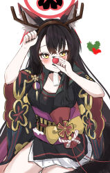  1girl absurdres animal_ear_fluff animal_ears antlers black_hair black_kimono black_nails blue_archive blush closed_mouth colored_inner_hair commentary_request eyeshadow floral_print floral_print_kimono fox_ears fox_girl fox_tail halo highres holding horns japanese_clothes kimono long_hair makeup multicolored_hair print_kimono purple_sash rakio_deeeesu red_eyeshadow red_hair red_halo red_nose sash smile solo tail two-tone_hair upper_body very_long_hair wakamo_(blue_archive) yellow_eyes 