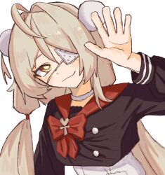  1girl ahoge black_serafuku blonde_hair blush choker closed_mouth commentary cropped_shirt eyepatch hair_between_eyes hair_ornament hand_up long_hair looking_at_viewer low-tied_long_hair medical_eyepatch neckerchief official_alternate_costume one-piece_swimsuit phoenix_reffaella phoenix_reffaella_(the_illness_called_life) pom_pom_(clothes) pom_pom_hair_ornament red_neckerchief red_sailor_collar sailor_collar school_uniform serafuku shirt simple_background solo swimsuit swimsuit_under_clothes untranslatable_commentary upper_body waving white_background white_choker white_one-piece_swimsuit yellow_eyes yom0jii zenless_zone_zero 