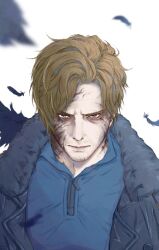  1boy beard_stubble bird black_jacket blue_eyes blue_shirt brown_hair commentary corruption english_commentary facial_hair falling_feathers feathers fur_trim jacket leon_s._kennedy looking_at_viewer male_focus miki_jamiki resident_evil resident_evil_requiem serious shirt short_hair solo stubble upper_body 