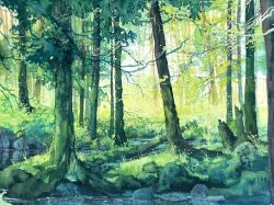  commentary day english_commentary forest gouache_(medium) grass green_theme highres kate_avery nature no_humans original outdoors painting_(medium) rock scenery traditional_media tree 