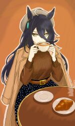  1girl absurdres ahoge animal_ears black_hair black_skirt breasts brown_coat brown_hat brown_sweater brown_theme casual coat coat_on_shoulders coffee_mug commentary croissant cup food hat highres holding holding_cup horse_ears horse_girl long_hair manhattan_cafe_(umamusume) medium_breasts mug plate sitting skill_zero skirt smelling solo sweater table umamusume yellow_eyes 