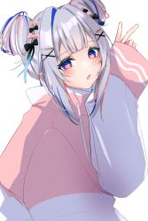  ahoge alternate_hair_length_(longer) amane_kanata amane_kanata_(summer) blue_hair blue_streaks blush bow bridal_gauntlets center-flap_bangs colored_inner_hair commentary double-parted_bangs double_bun film_grain from_side grey_hair hair_bow hair_bun hair_ornament hair_ribbon hairclip high_collar highres hololive jacket long_hair long_sleeves looking_at_viewer looking_to_the_side medium_hair mini_hair_bow missing_halo missing_wings multicolored_hair multicolored_jacket multiple_hair_bows multiple_hairclips official_alternate_costume official_alternate_hairstyle open_mouth overexposure pink_jacket pink_streaks raised_eyebrows ribbon short_hair_with_long_locks sidelighting sidelocks simple_background single_hair_intake sleeves_past_wrists streaked_hair sui._(suikun) two-tone_jacket very_long_hair violet_eyes virtual_youtuber white_bridal_gauntlets white_jacket x_hair_ornament 